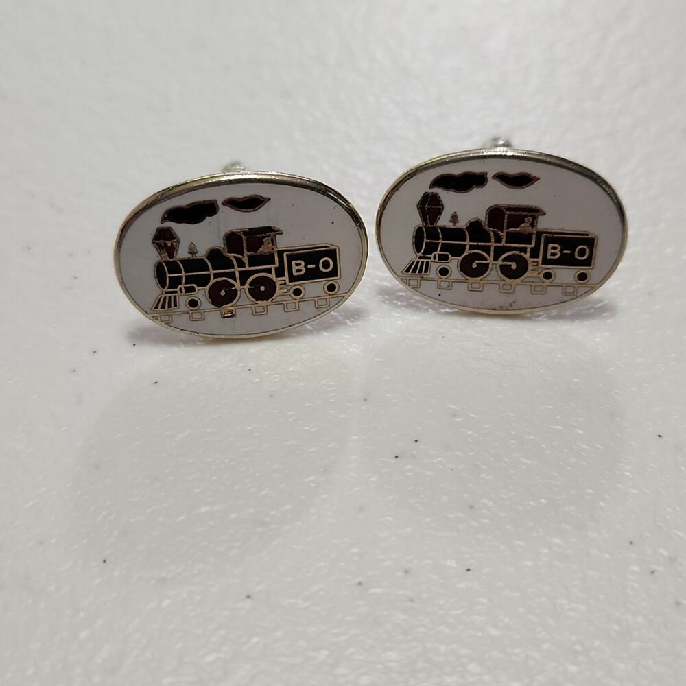 Vintage Oval Train Engine Locomotive Black Red White &‎ Gold Cufflinks